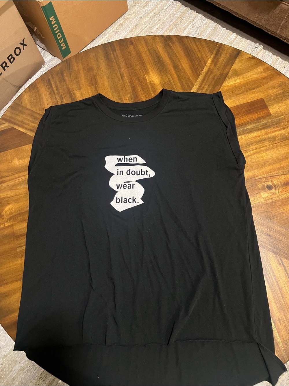 BCBGeneration Black Short-Sleeve Graphic Tee with White Slogan